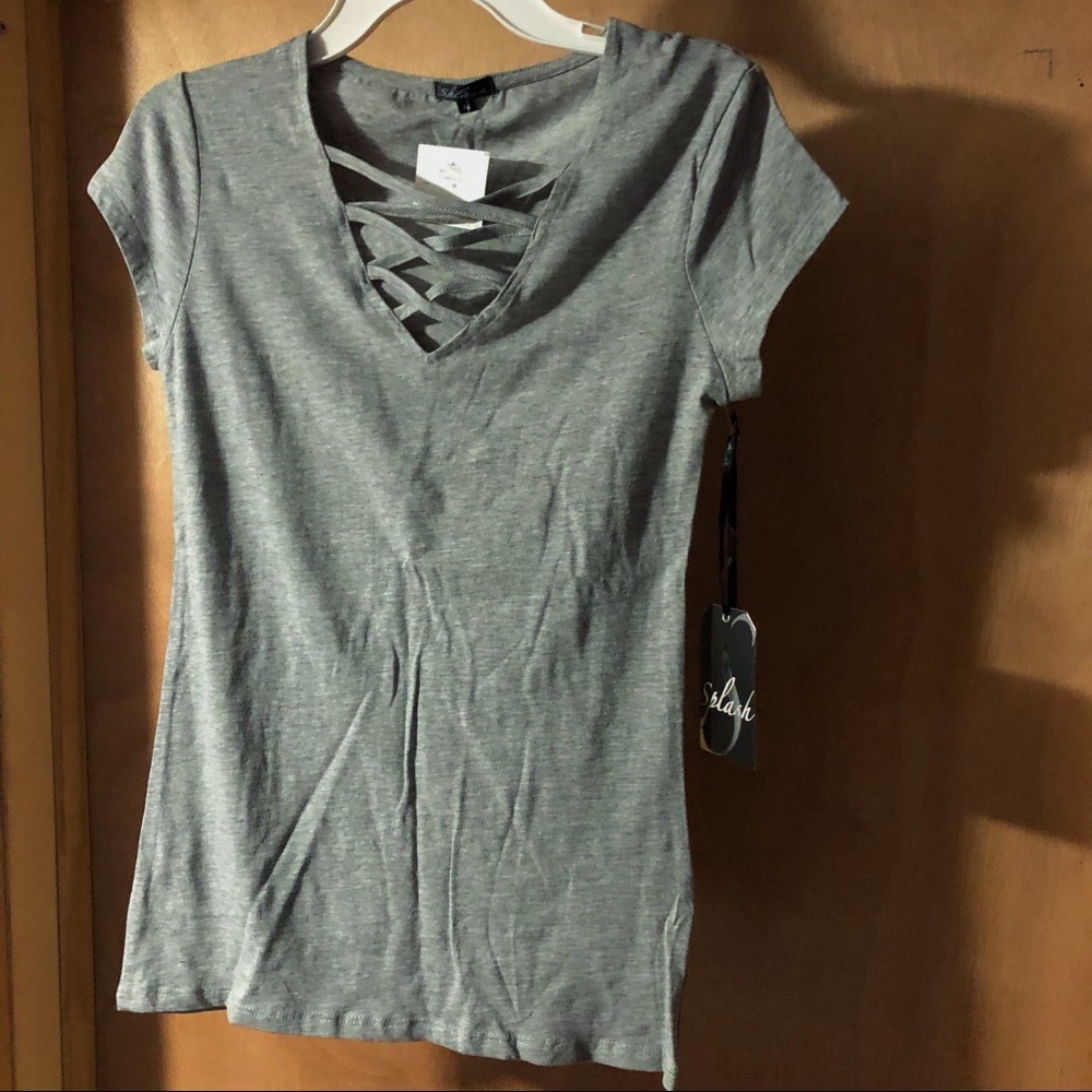 NWT splash grey cross neck top